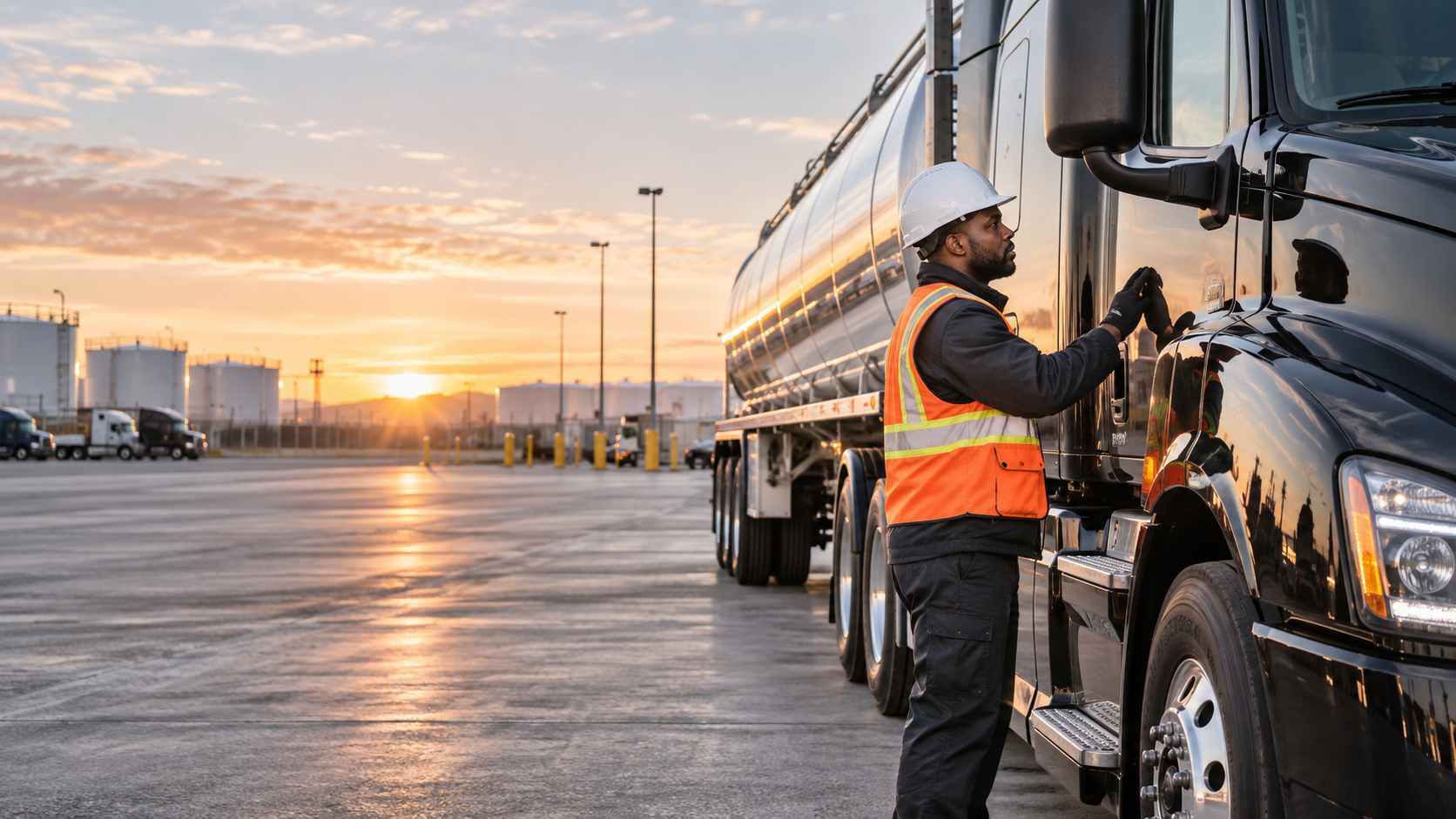 Professional tanker driver performing a pre-trip inspection